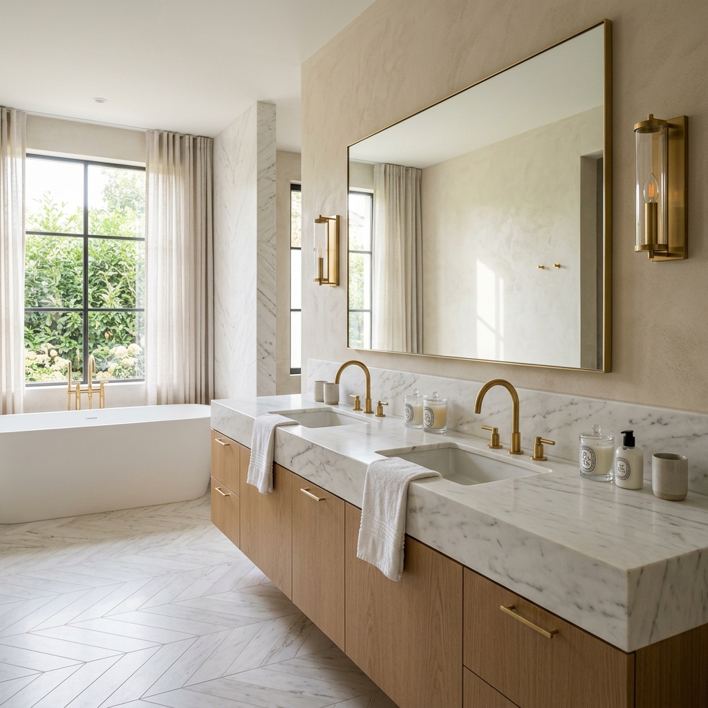 Luxury marble bathroom design and double vanity by Space Artisans