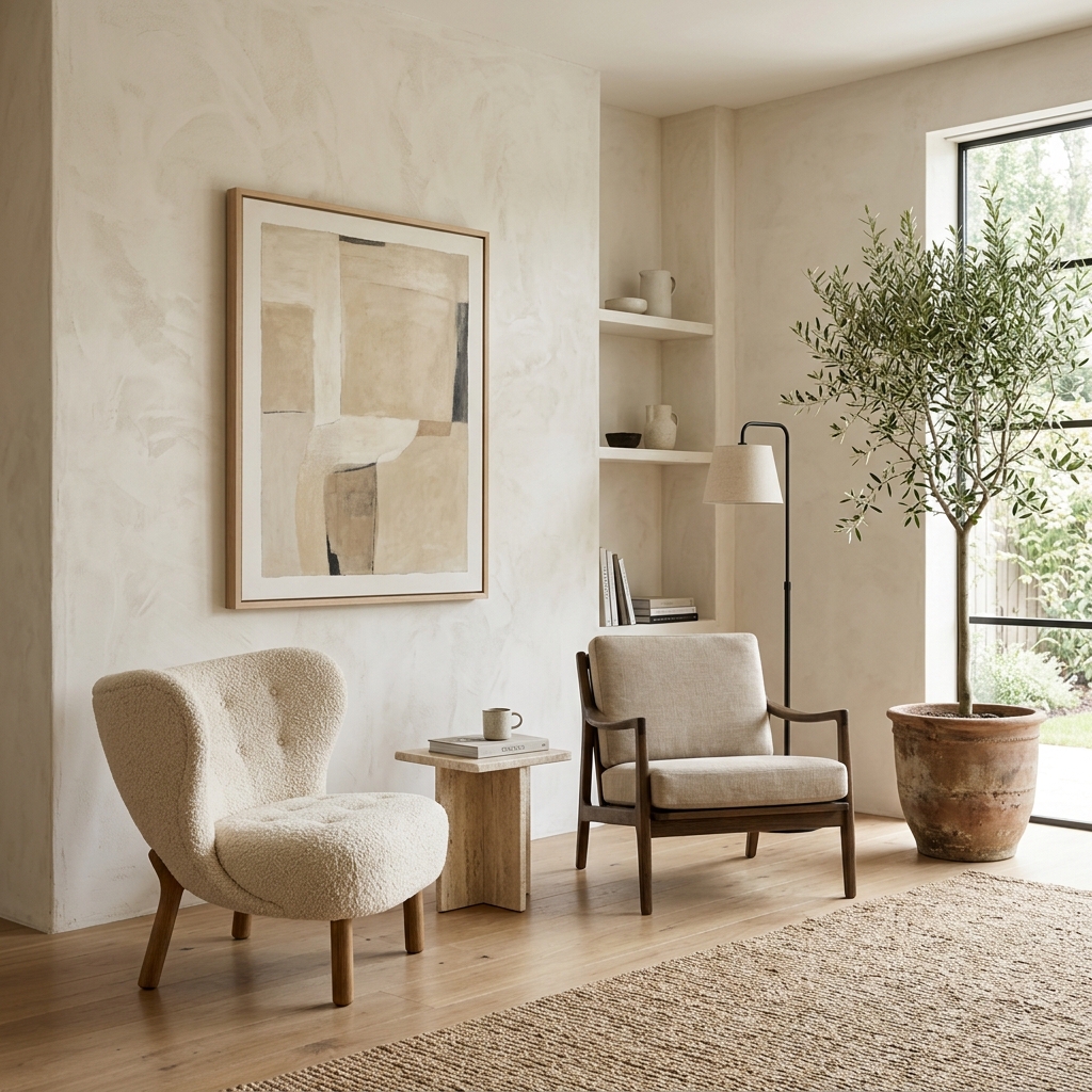 Warm minimalist living room interior design by Space Artisans