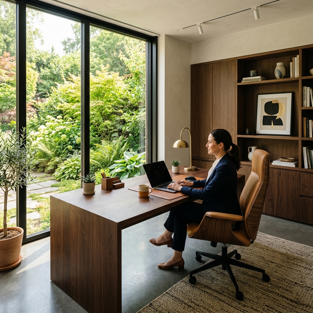 Sleek home office interior design and desk layout by Space Artisans